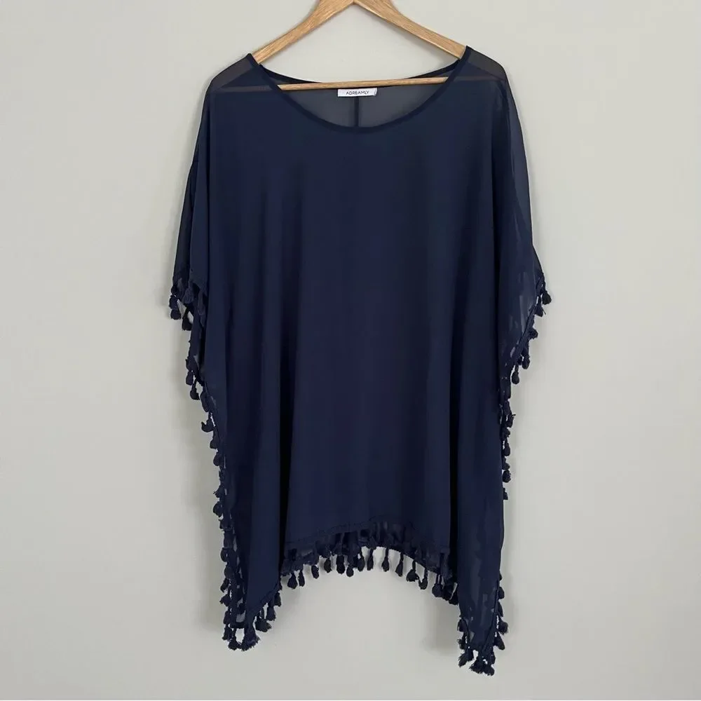 Amazon Navy Blue Swim Cover-Up with Tassels, One Size